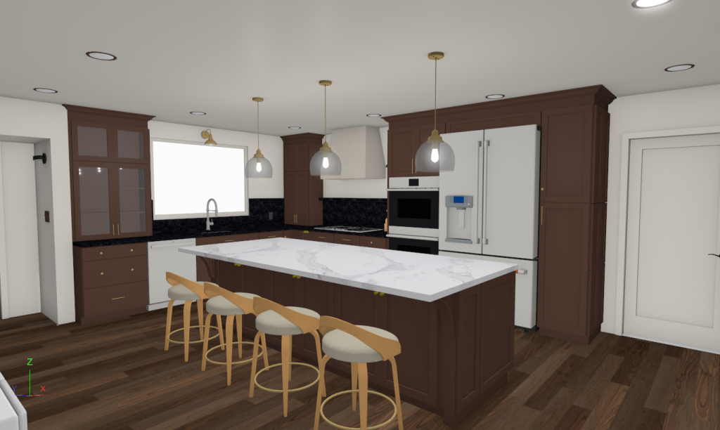 Modern 3D kitchen design with brown cabinets and marble island