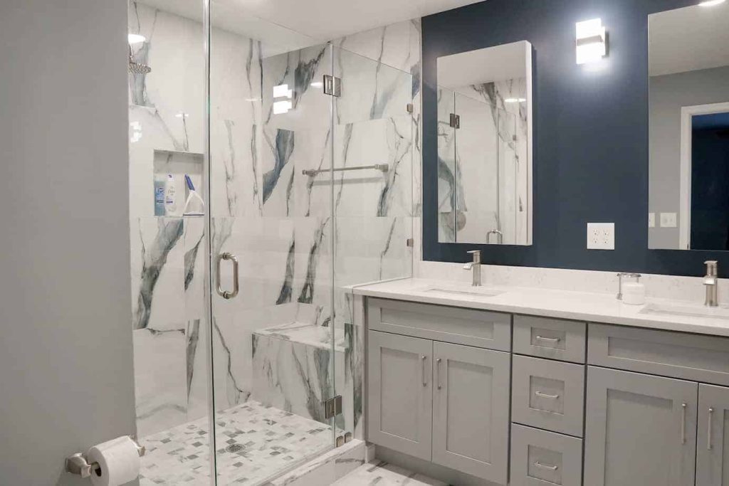 blue and marble bathroom remodel; bathroom trends