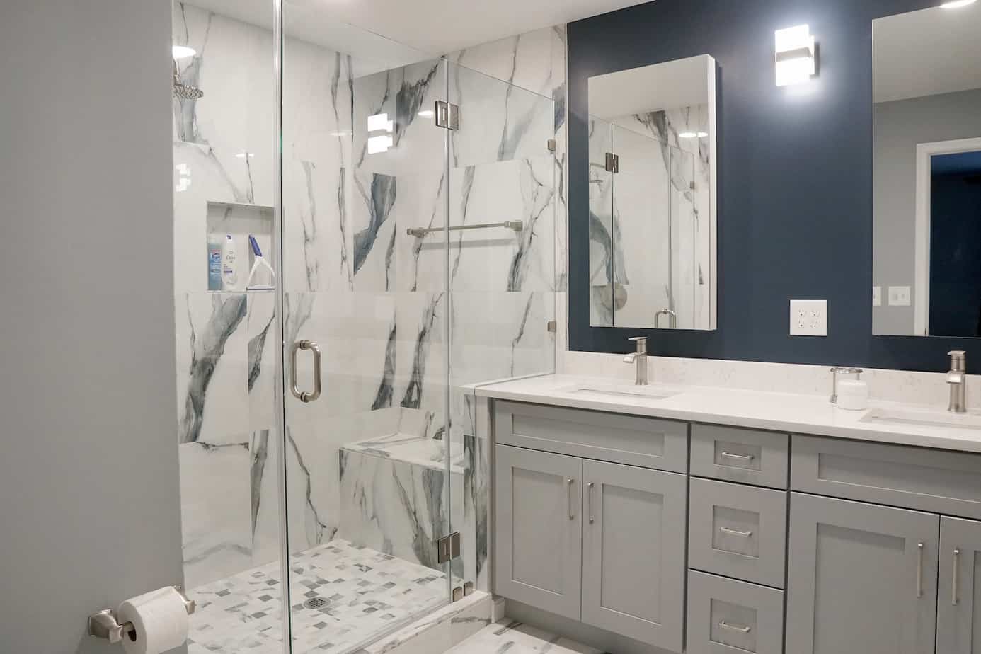 blue and marble bathroom remodel