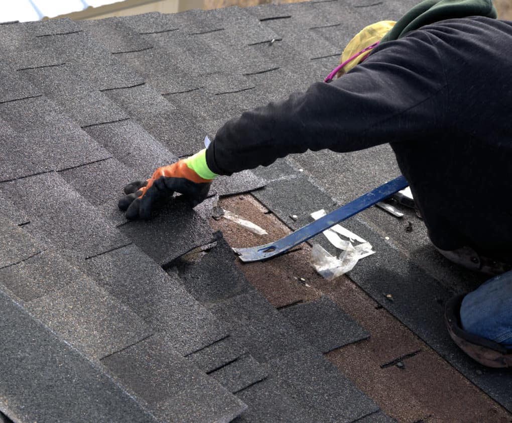 man using pry bar to remove damaged shingles; how to replace shingles that have blown off